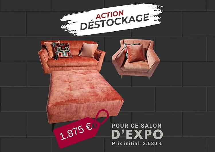 Déstockage ensemble canapé + fauteuil + pouf en tissu velours rouge